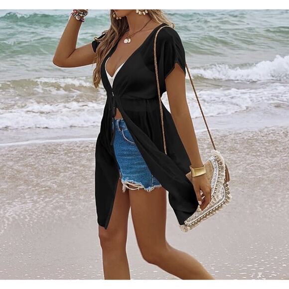 Ekouaer Women's Chiffon Sheer Cardigan Cover Ups Drawstring Black Size XL - Picture 10 of 10